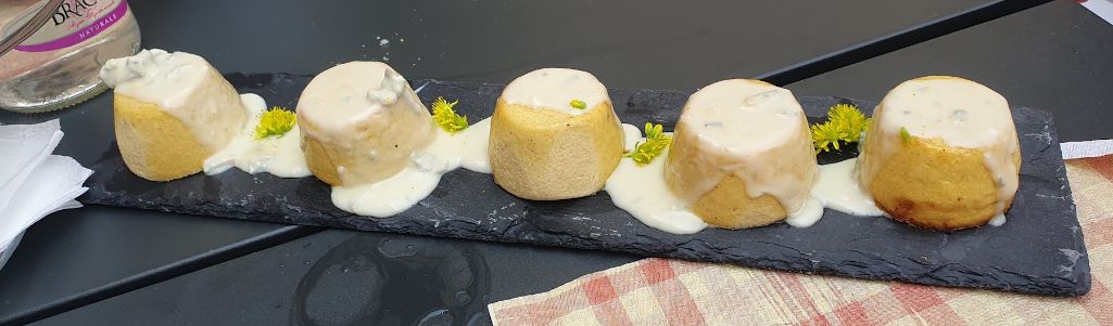 A close up of a plate of food on a table.