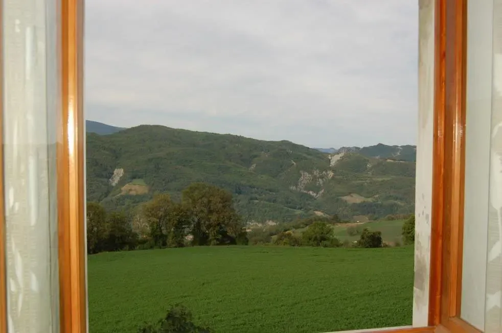 Green hills and open fields seen through a wooden-framed window.