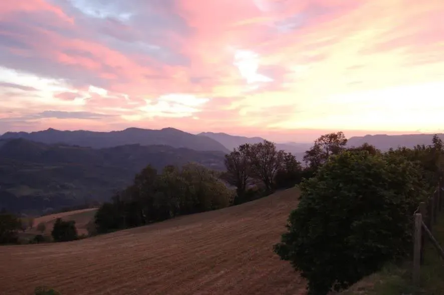 Rolling hills under a pink and orange sunset sky.