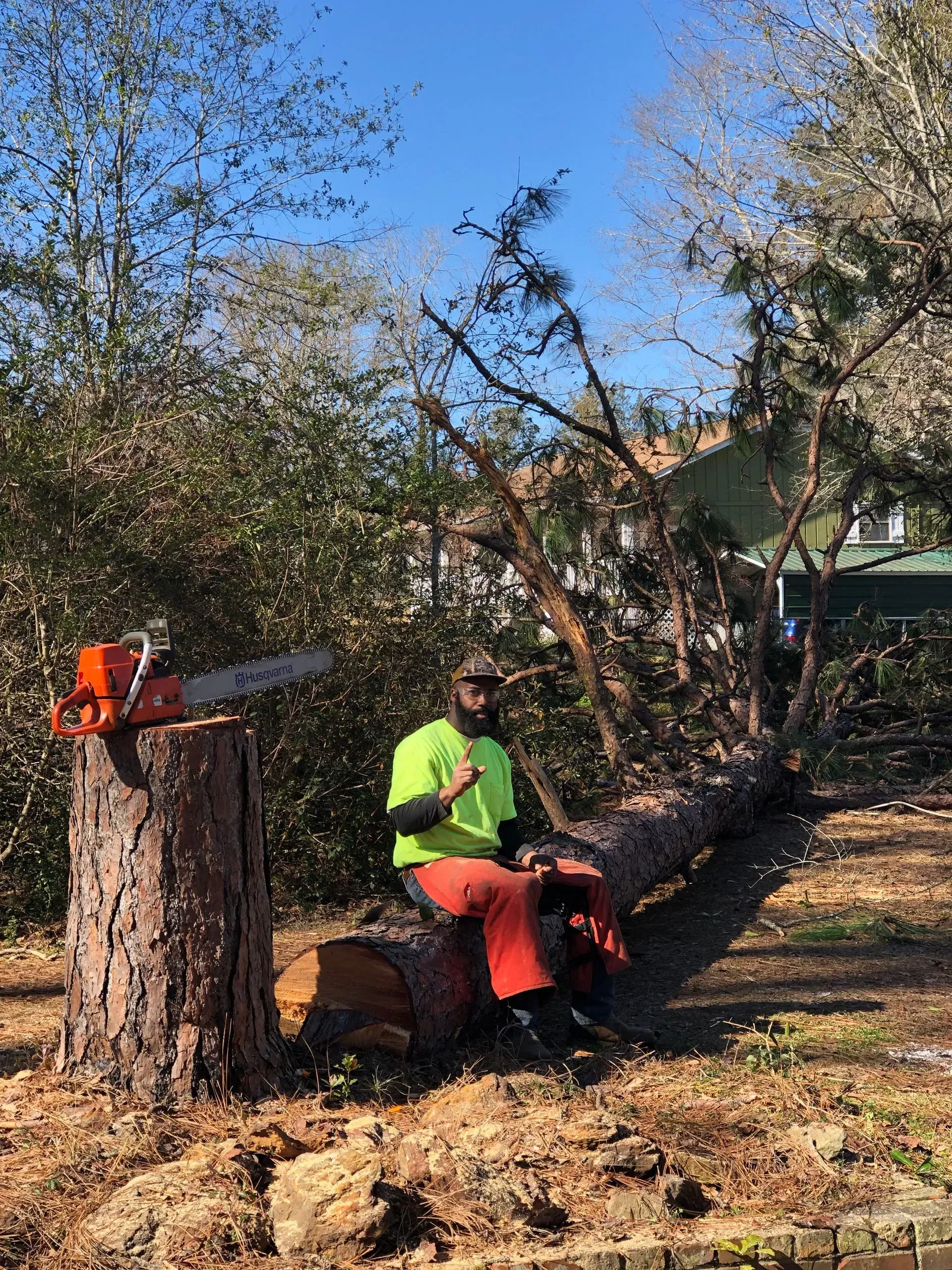 Man in safety gear sits on log next to a fallen tree, holding a chainsaw outdoors.