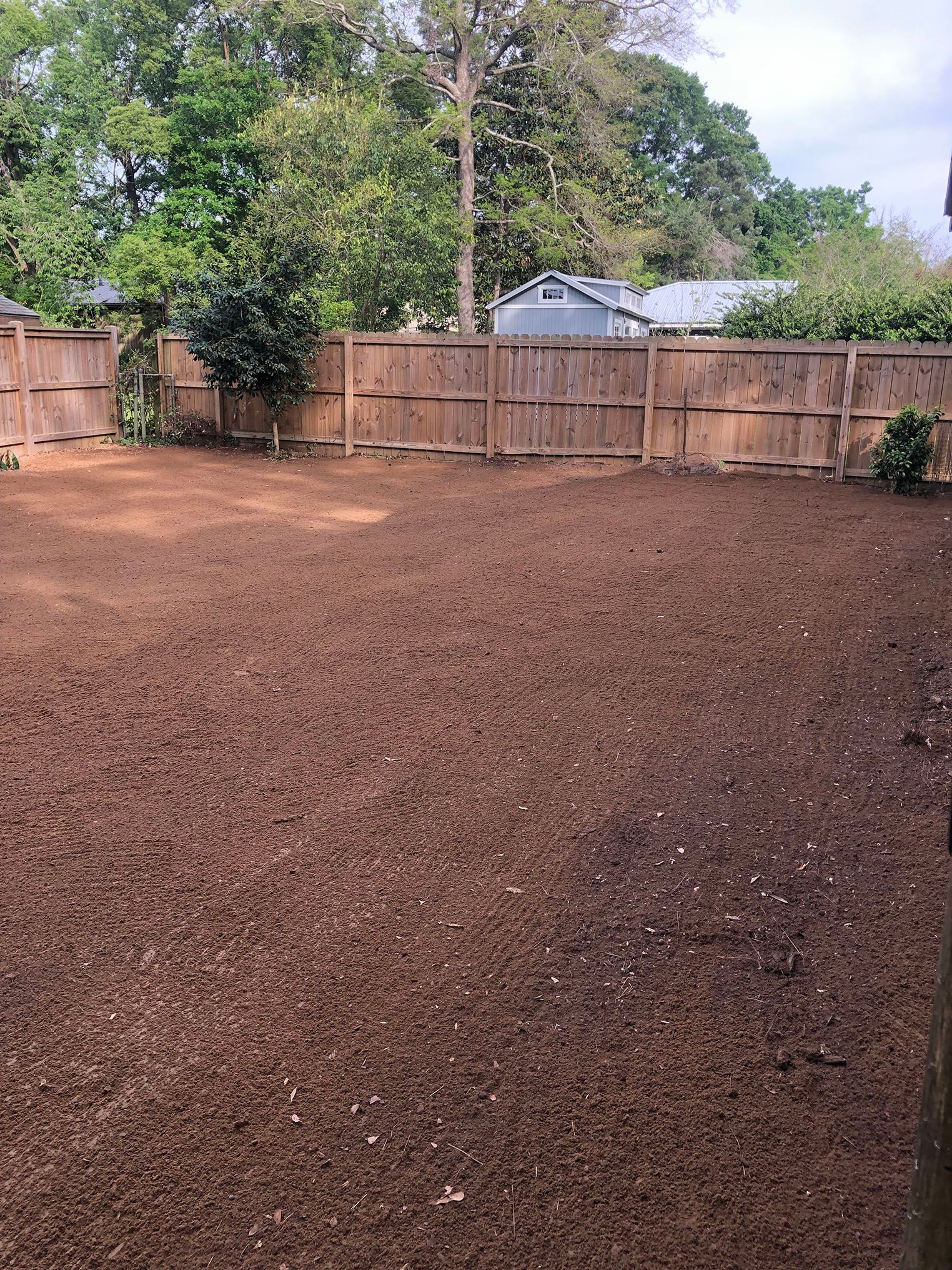 A brown, recently tilled backyard with a wooden fence and trees in the background.