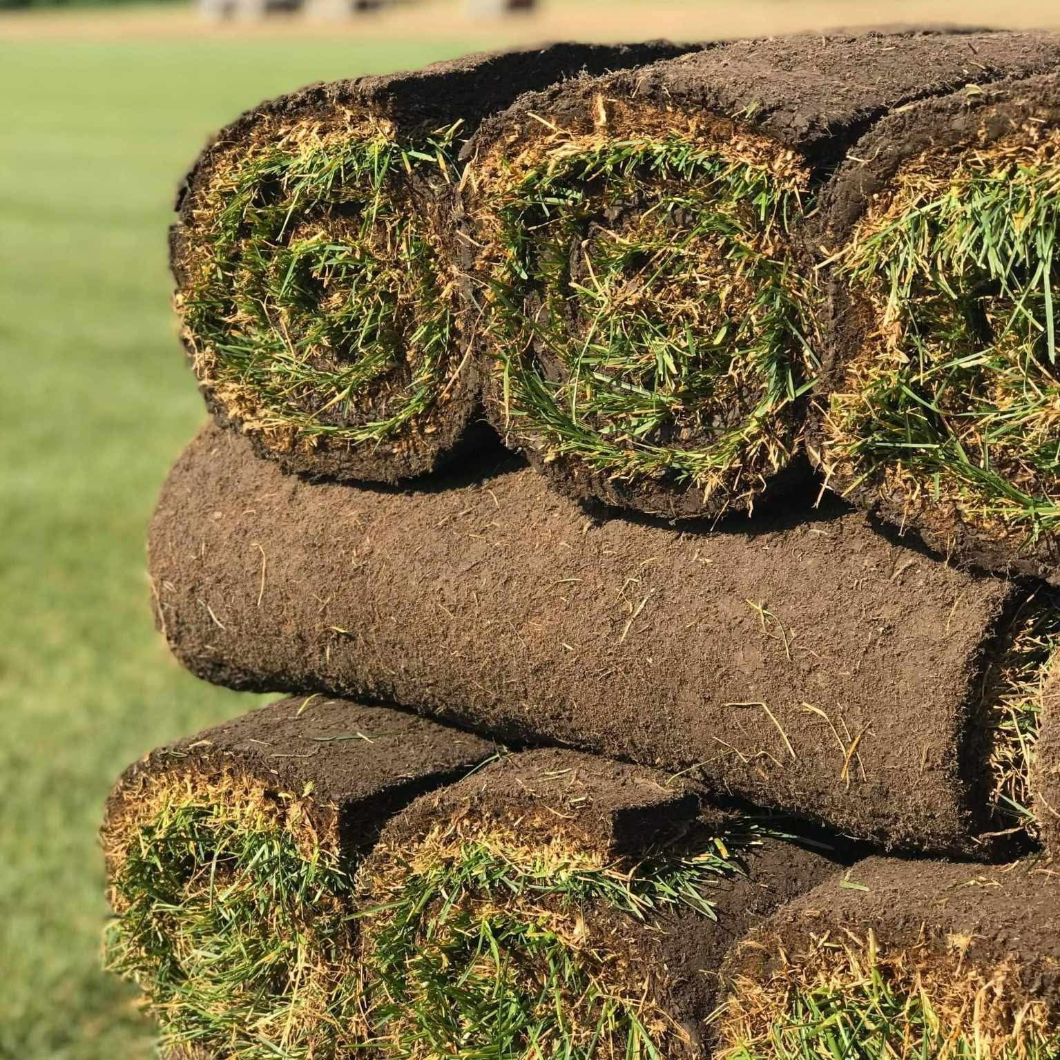 Rolls of turf are sitting on top of each other in a field.