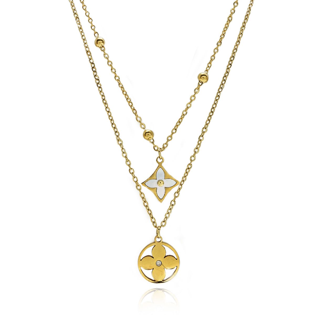 Gold layered necklace with flower and diamond accents.