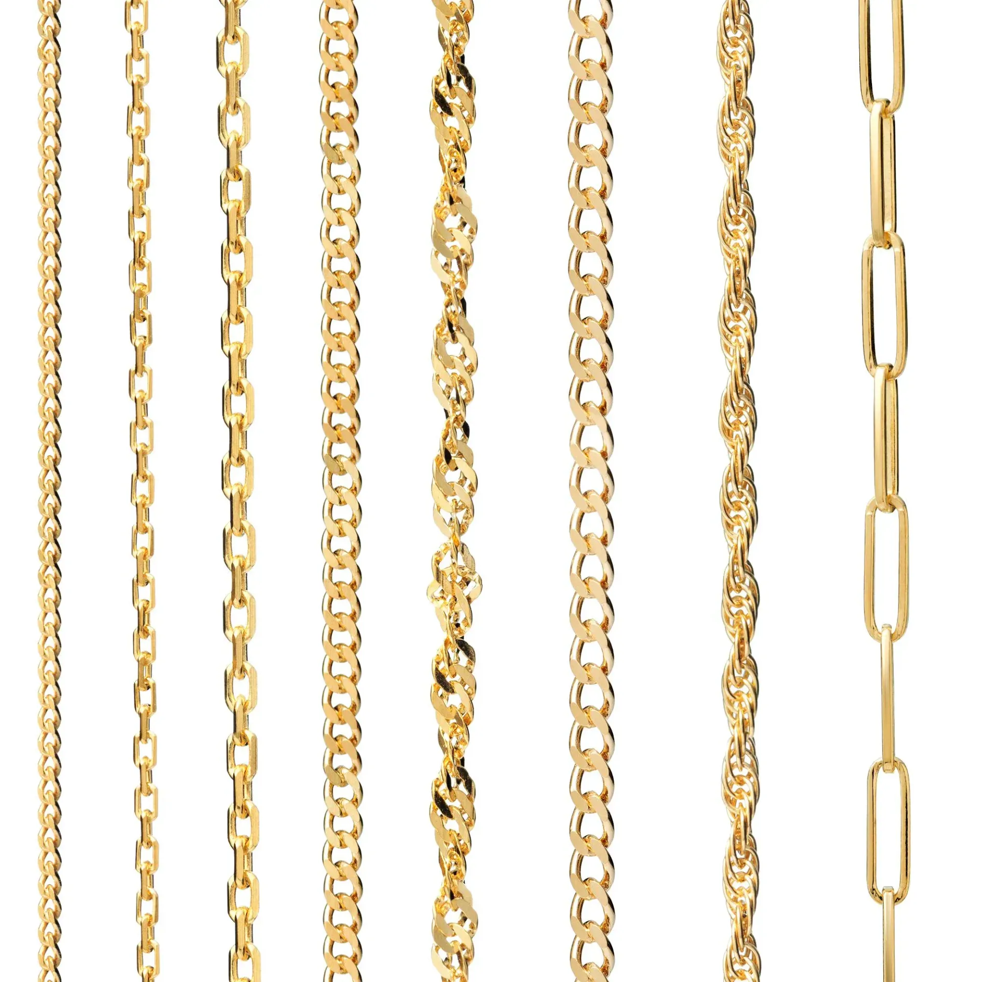 Close-up of various gold necklaces with different chain styles on a white background.