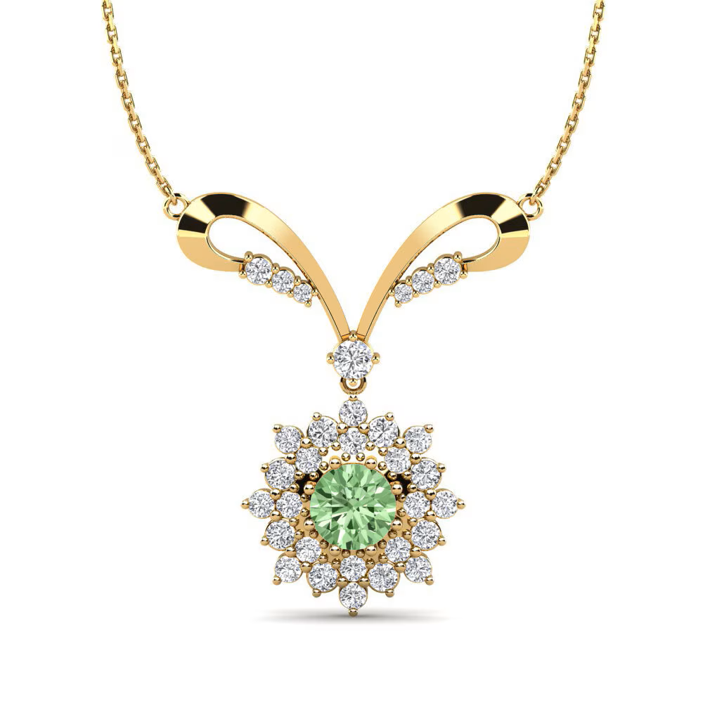 Gold necklace with a green gemstone center and diamond accents.