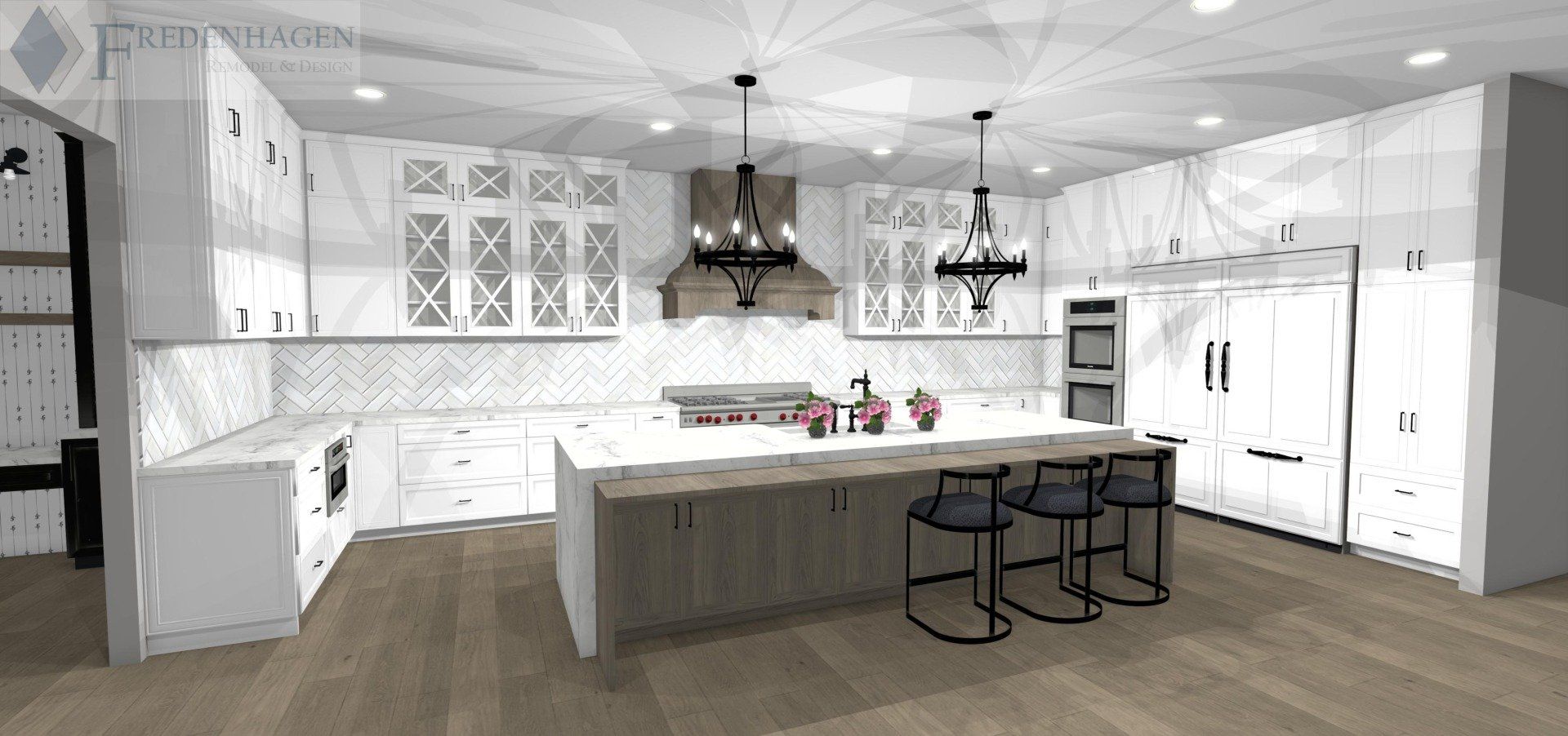 A 3d rendering of a kitchen with white cabinets and a large island.