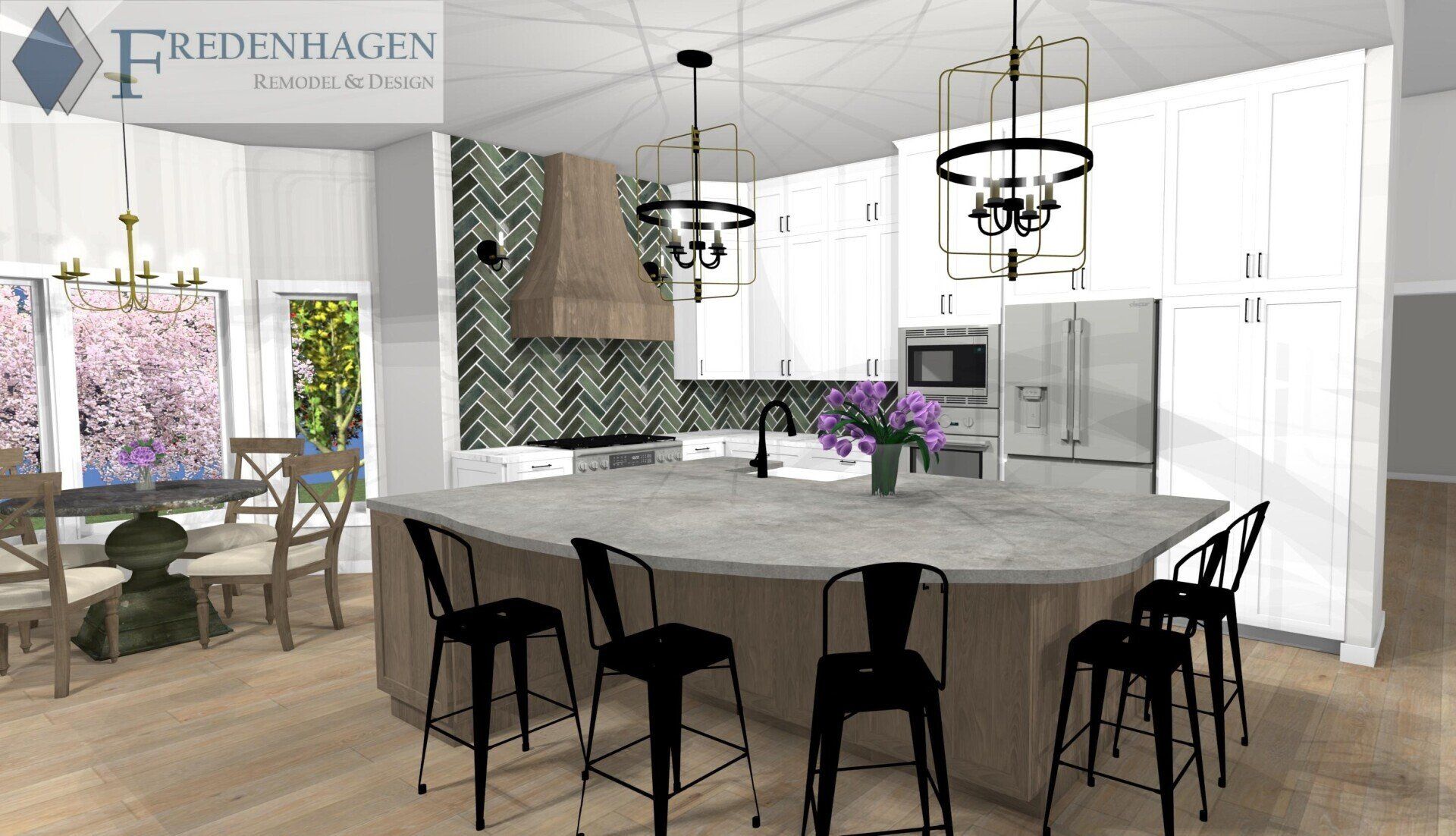 A computer generated image of a kitchen with a large island