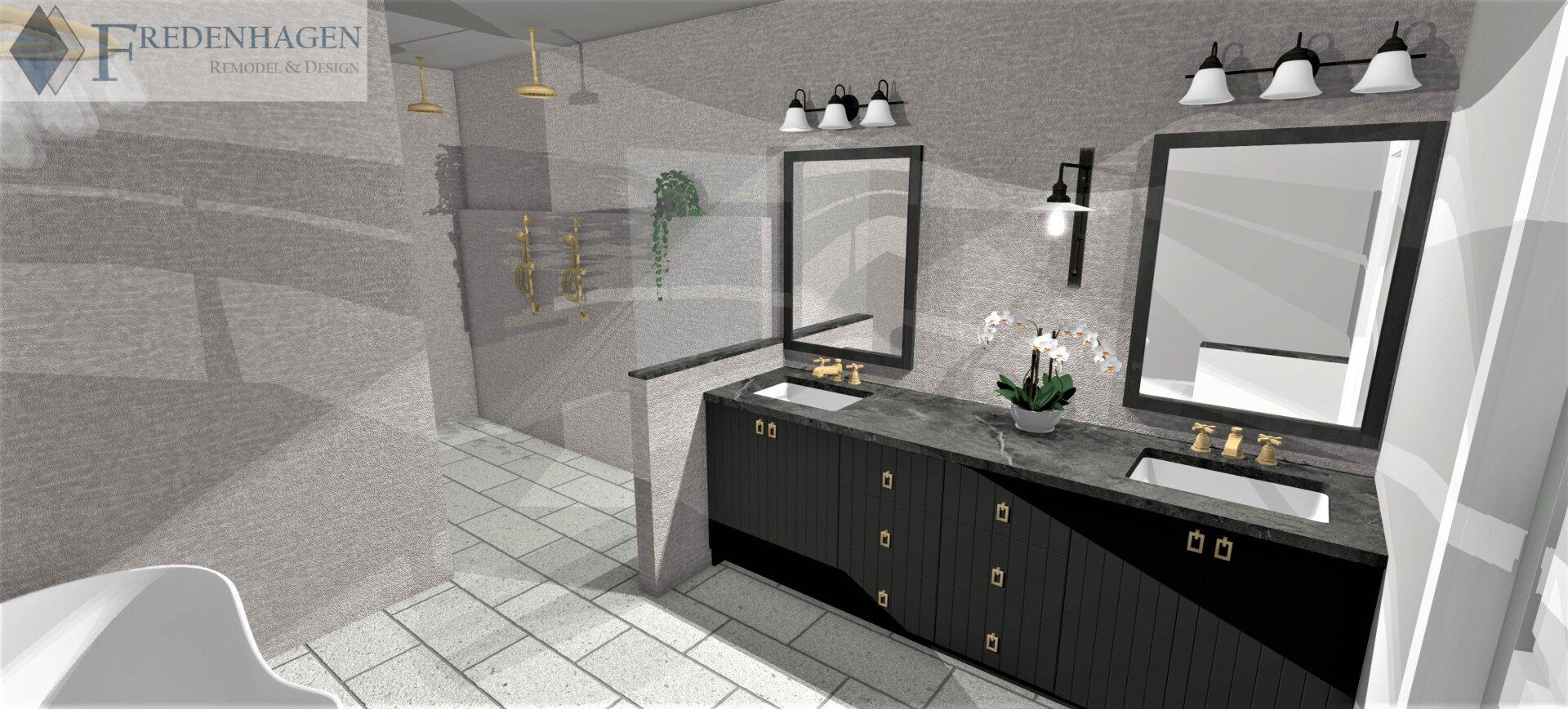 A computer generated image of a bathroom with two sinks and two mirrors.