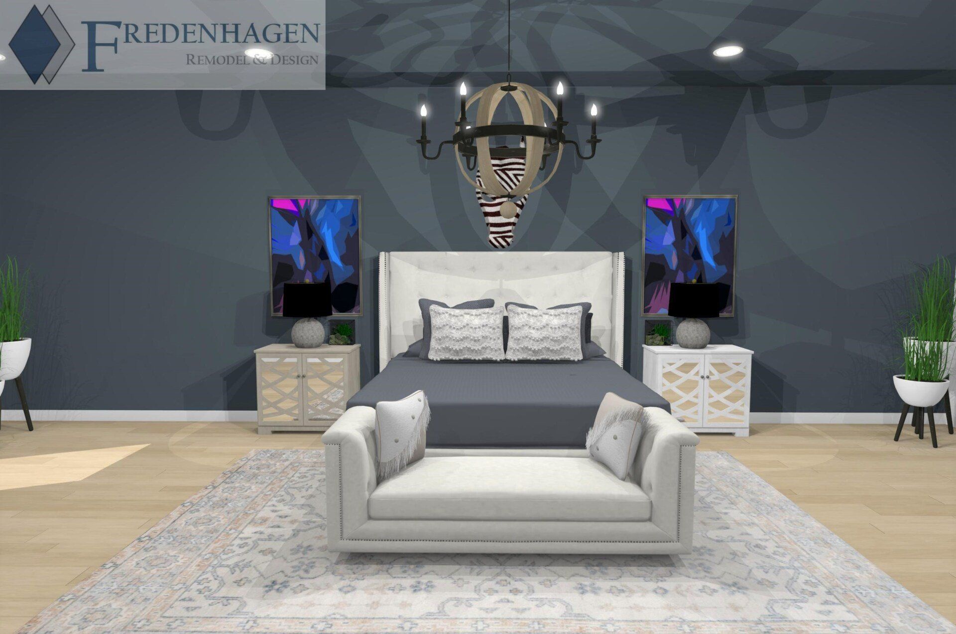 A bedroom with a large bed and a white couch