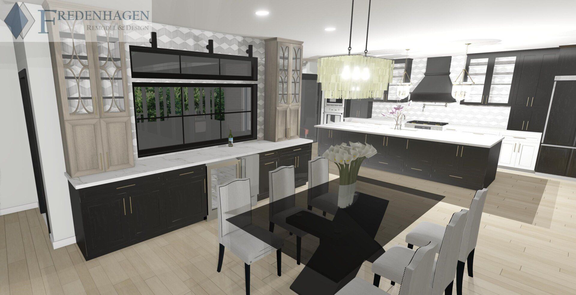 A computer generated image of a kitchen and dining room