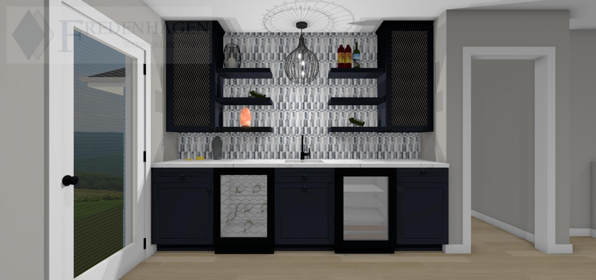 A 3d rendering of a kitchen with a bar and a refrigerator.