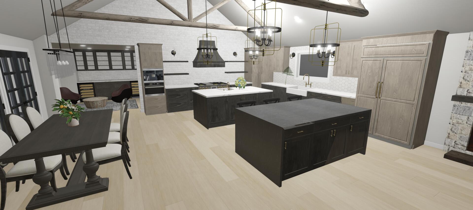 A computer generated image of a kitchen and dining room.