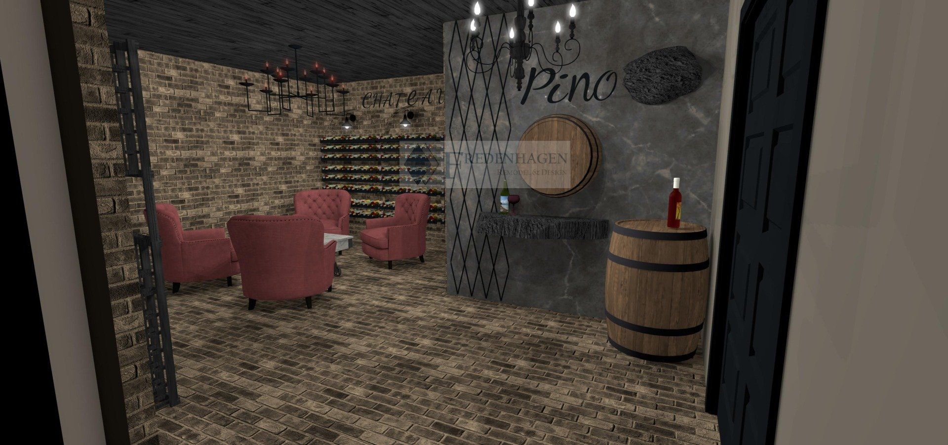 A 3d rendering of a wine cellar with chairs and barrels.
