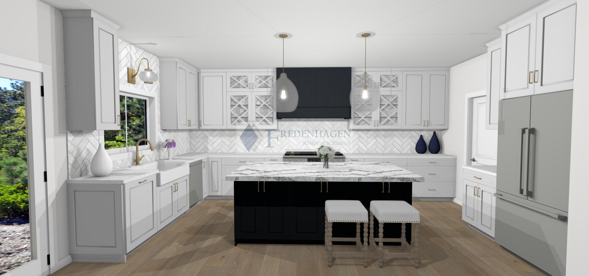 A 3d rendering of a kitchen with white cabinets and a black island.