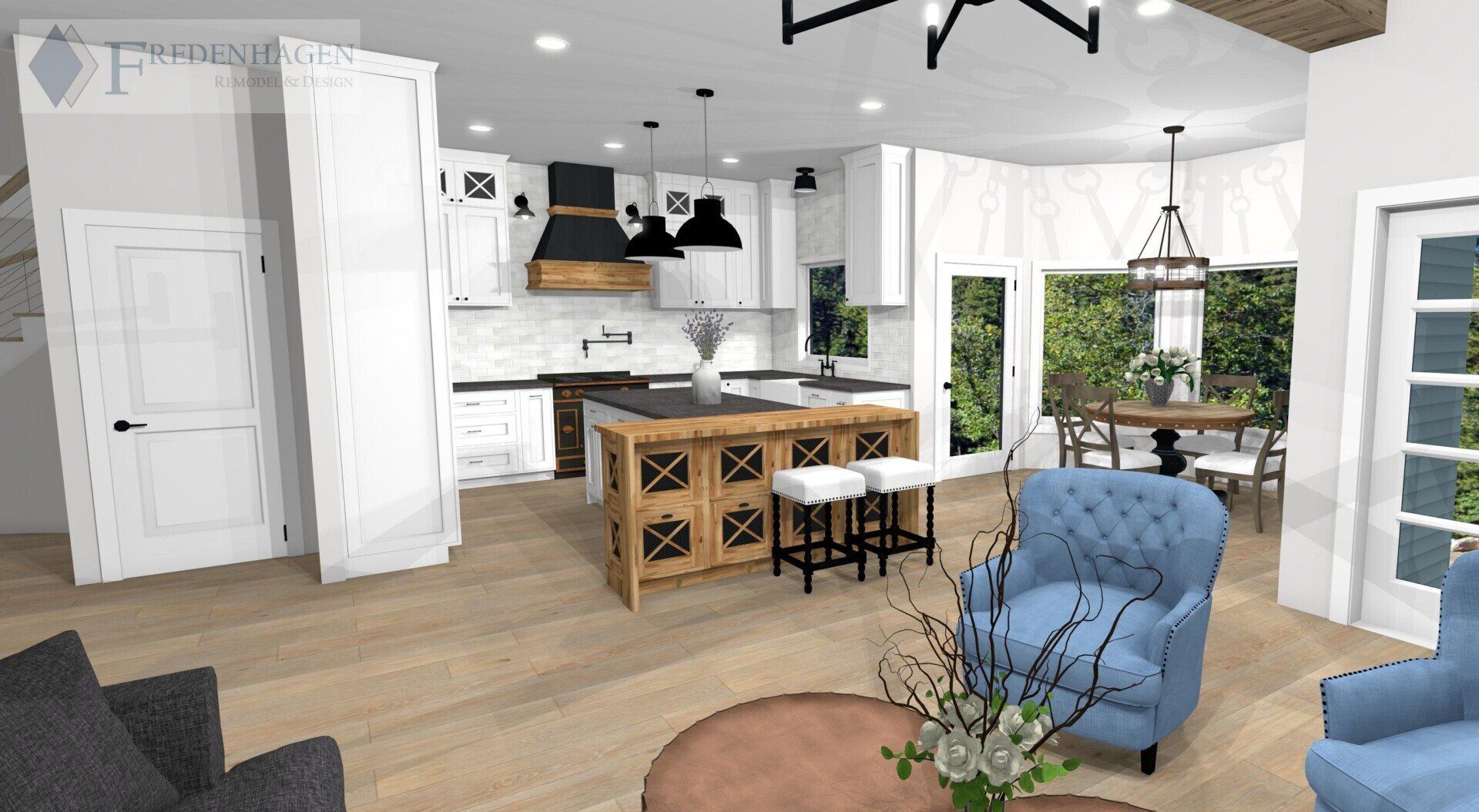 A computer generated image of a living room and kitchen.