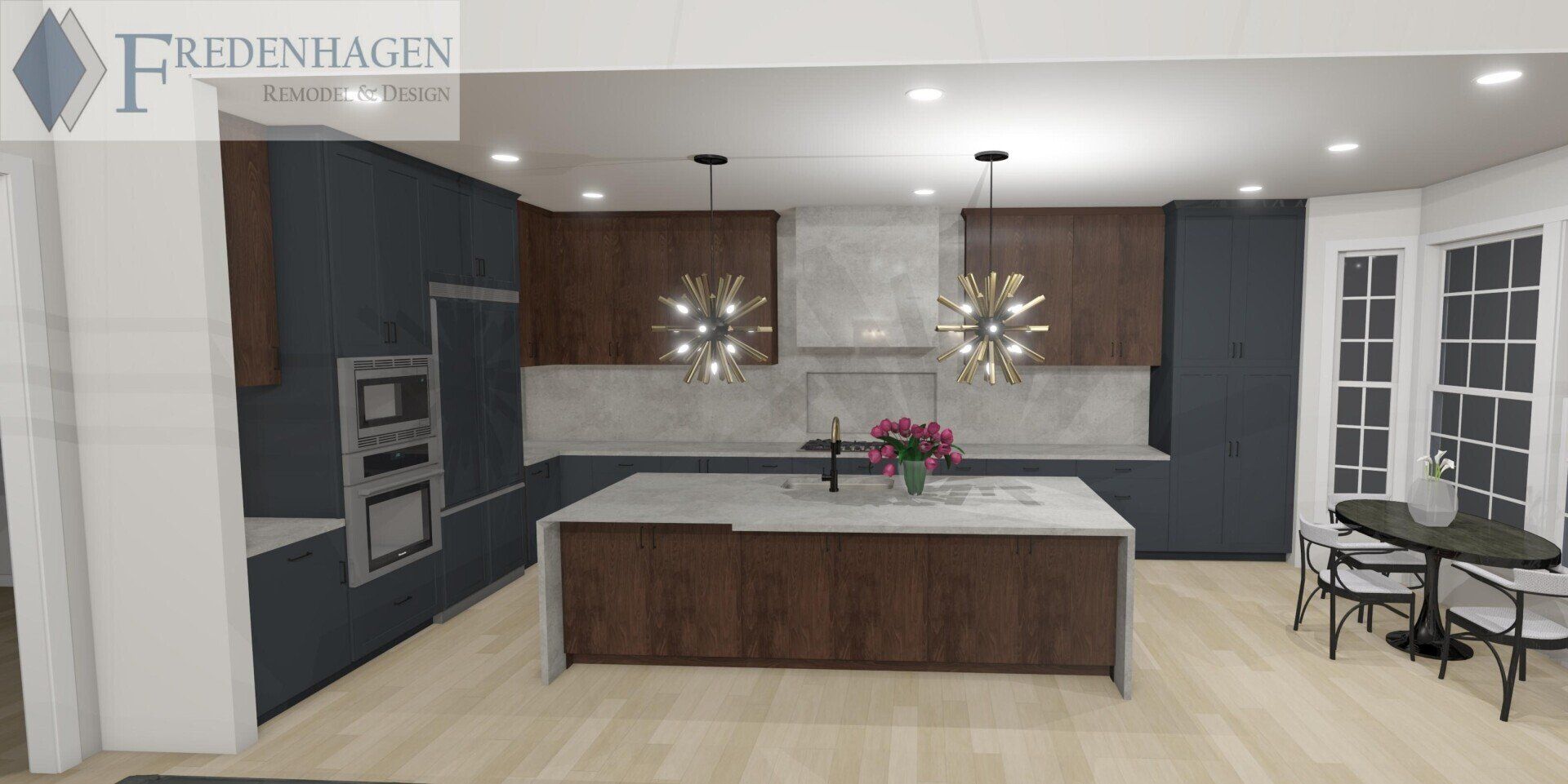 A computer generated image of a kitchen with a large island in the middle.