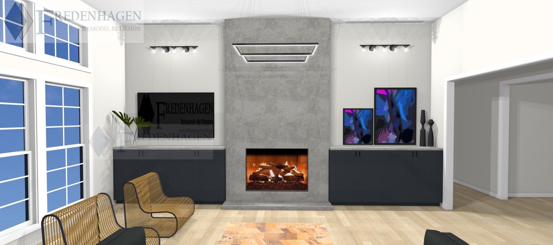 A living room with a fireplace and a television.