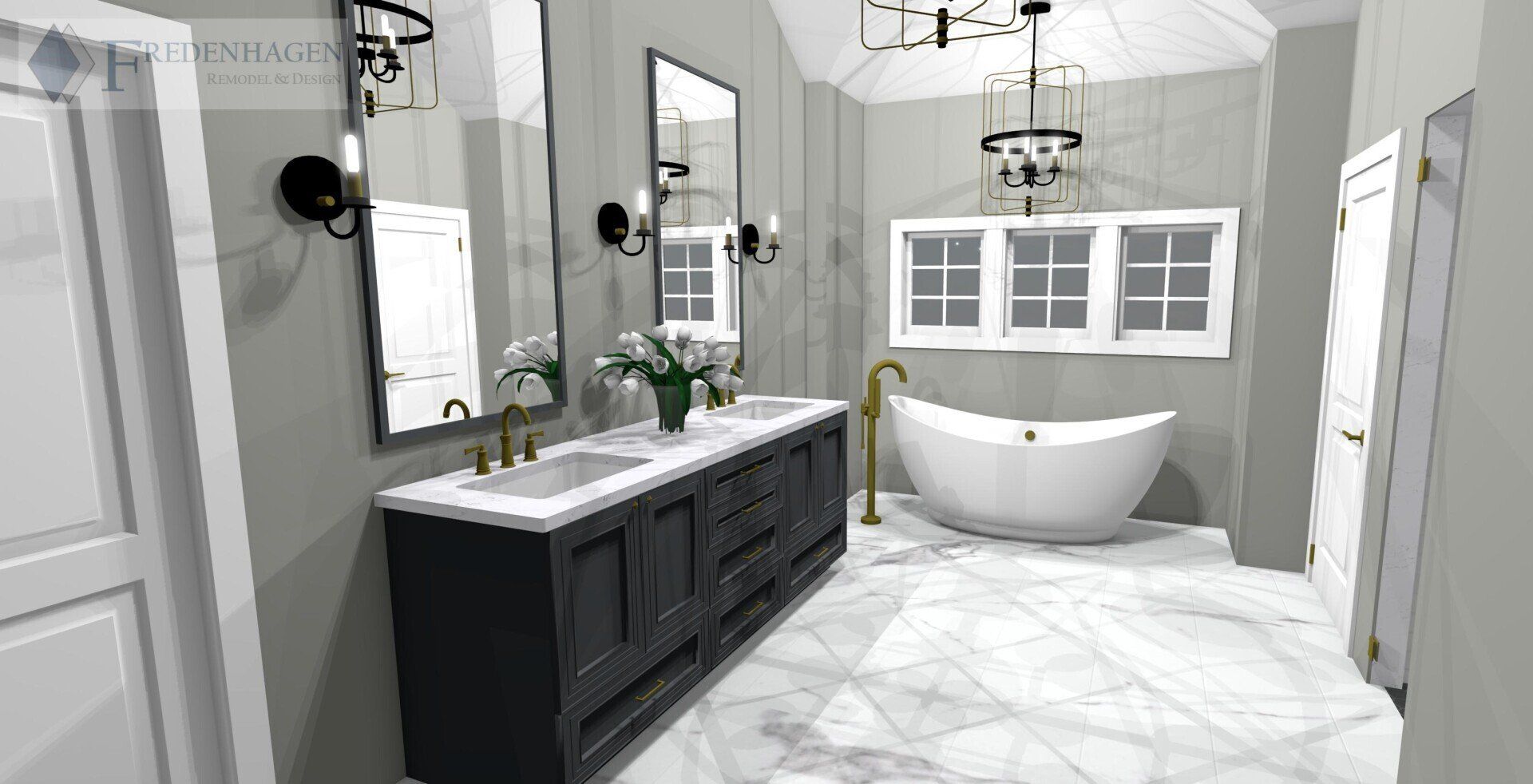 A bathroom with two sinks , a tub , and two mirrors.