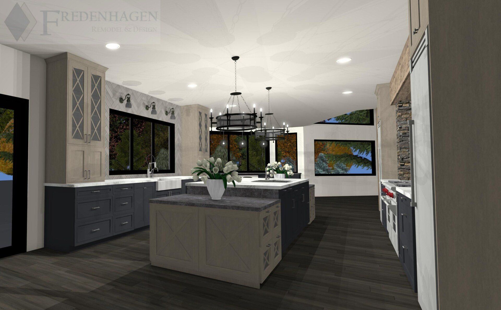A computer generated image of a kitchen with a large island in the middle.
