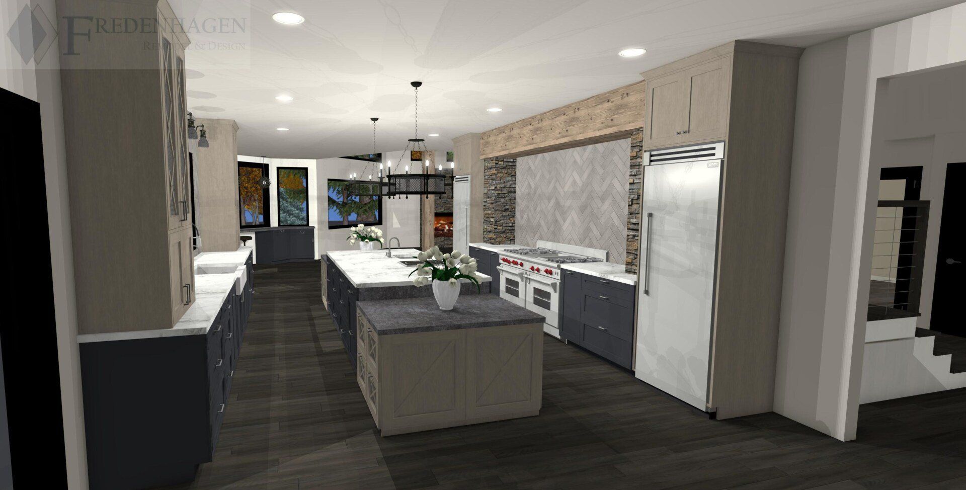 A computer generated image of a kitchen with a large island in the middle.