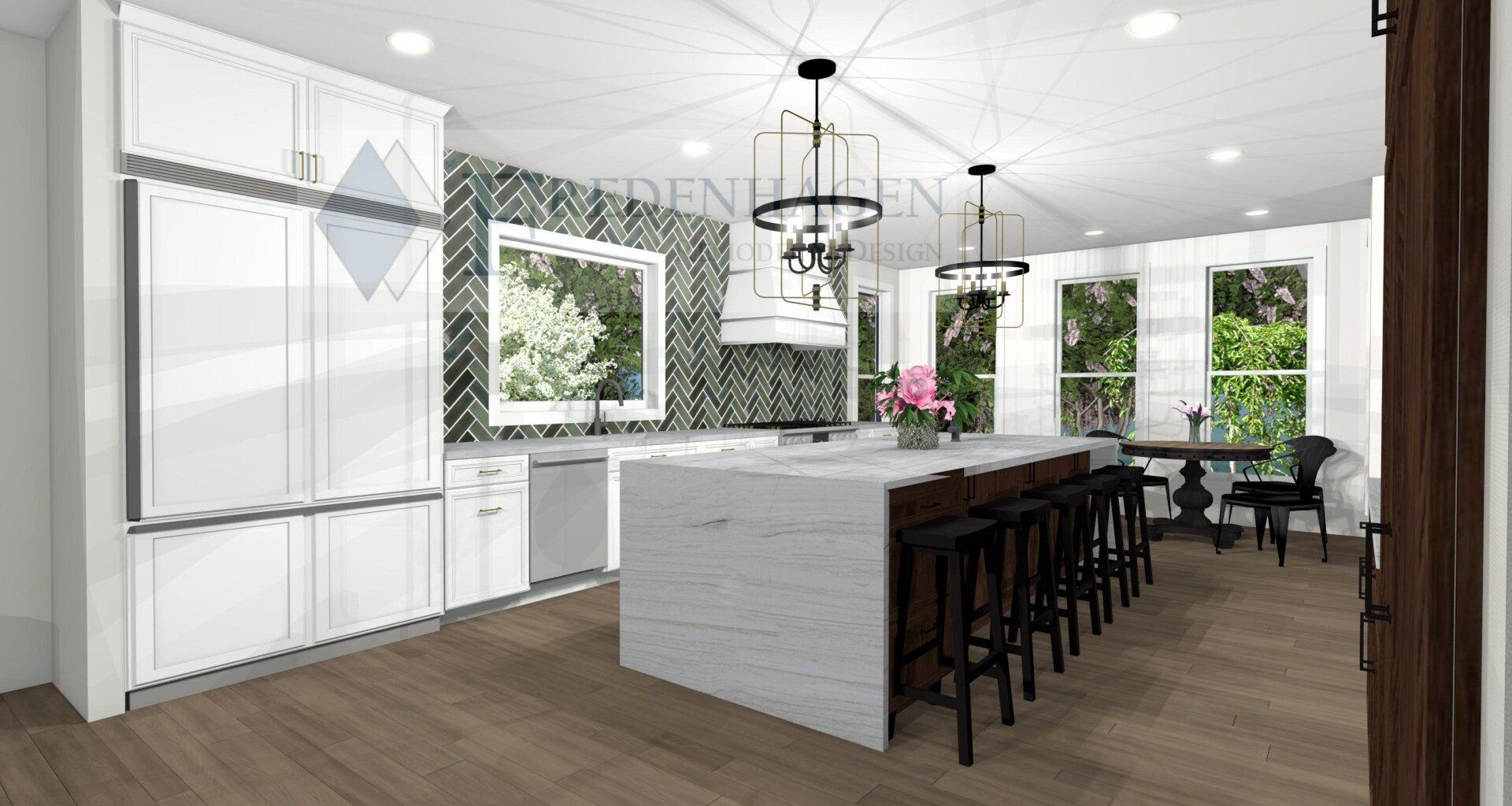 A 3d rendering of a kitchen with white cabinets and a large island.