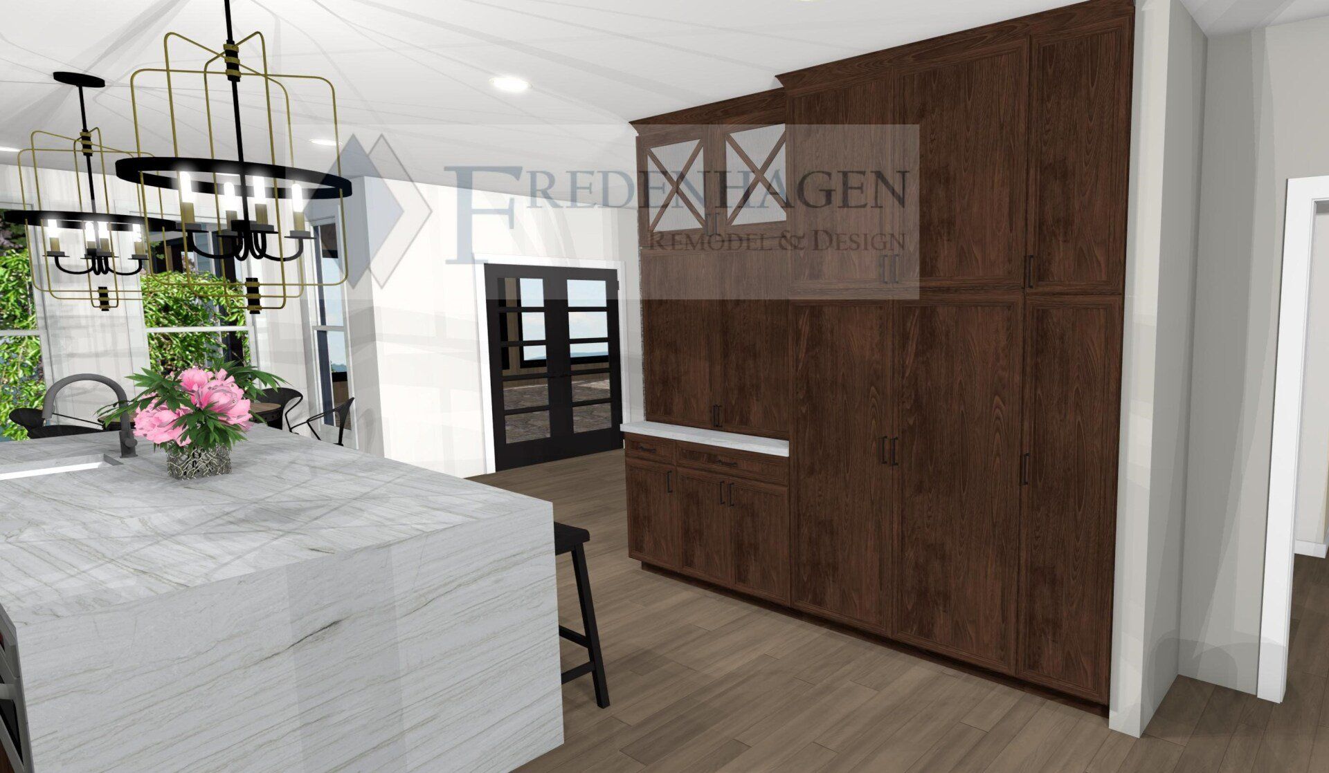 A computer generated image of a kitchen with a large island.