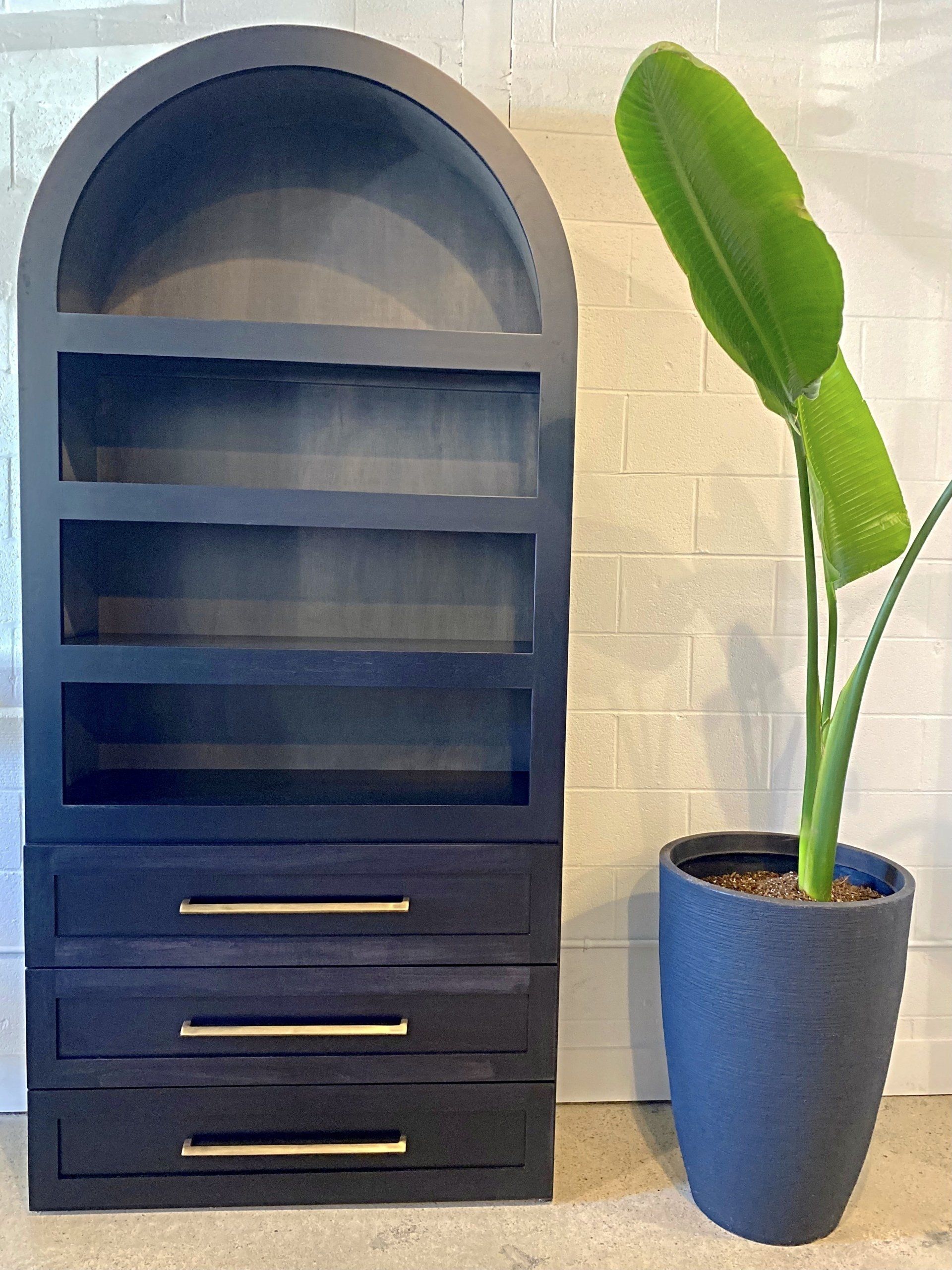 A plant is in a blue pot next to a bookshelf