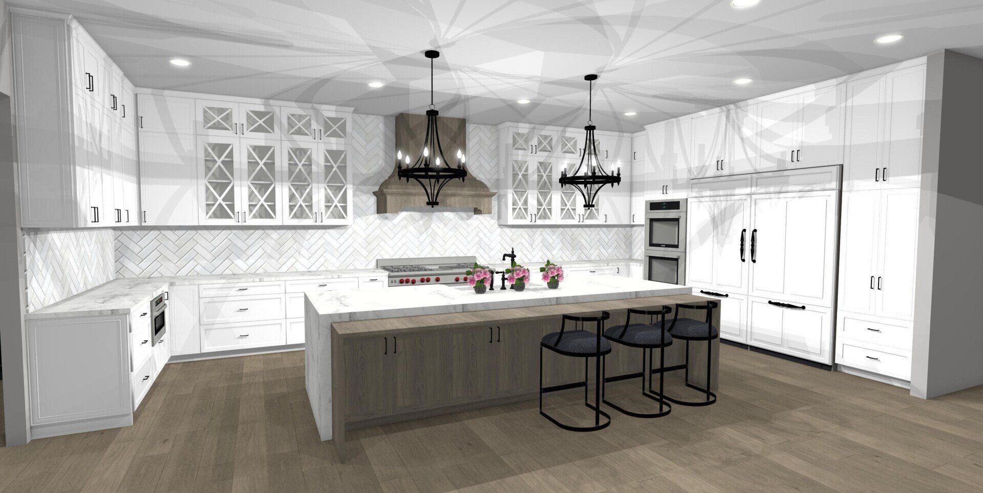 A 3d rendering of a kitchen with white cabinets and a large island.