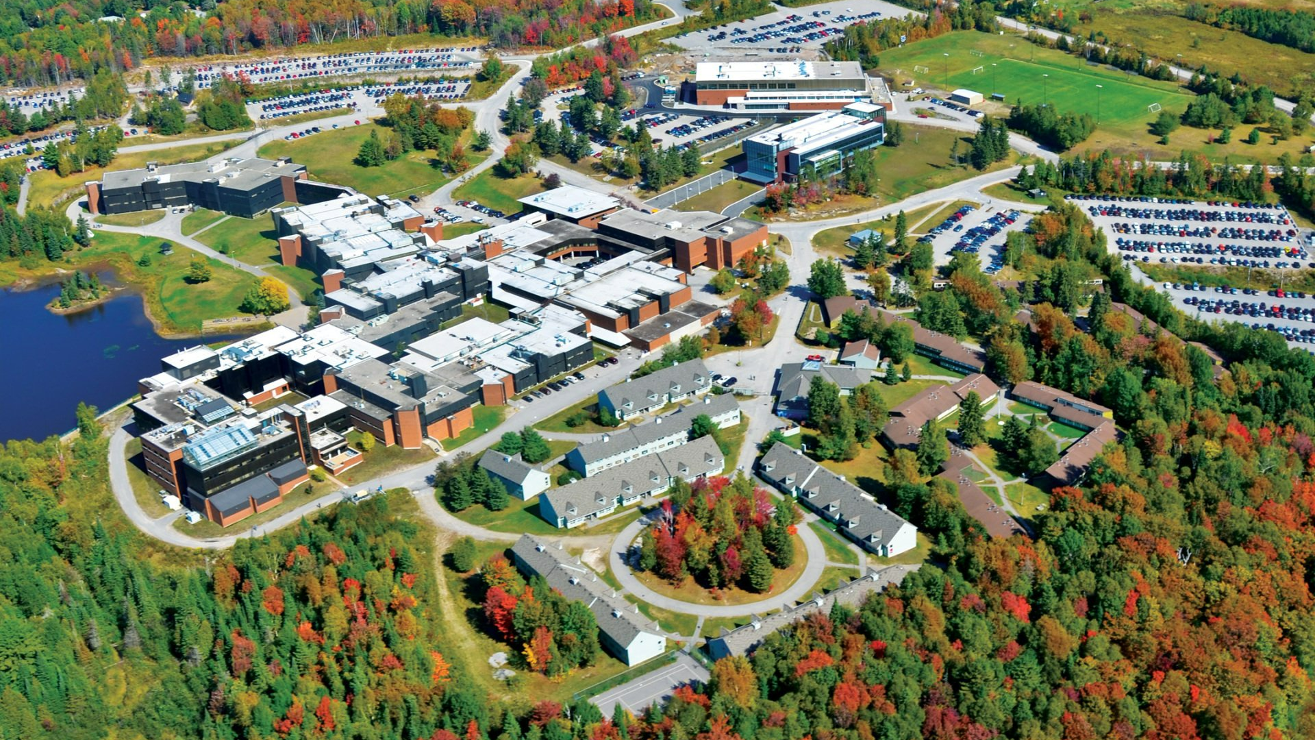 Aerial photograph of campus in the fall
