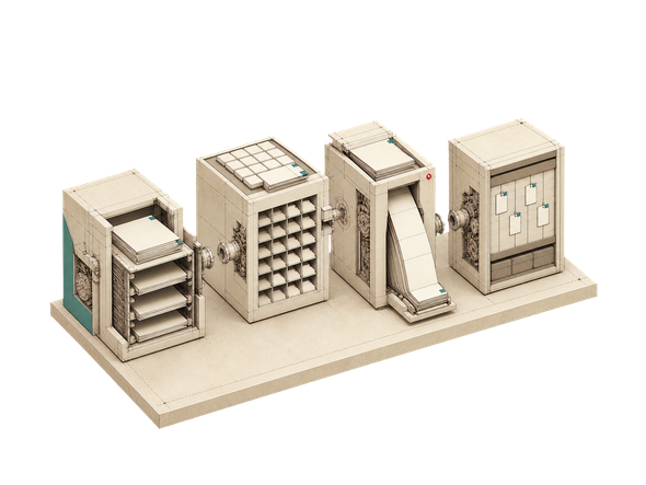 Minimal beige workflow diagram with five linked icons: user, email, calendar, dollar, and folder.