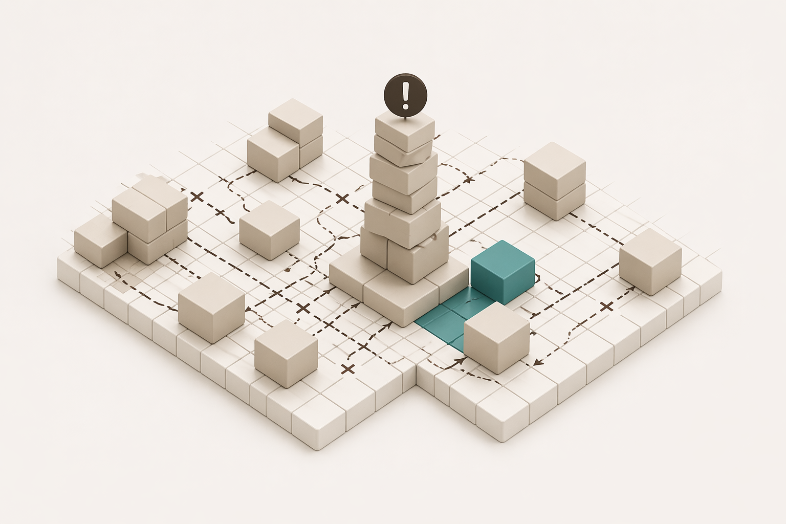 3D isometric white grid with stacked blocks, a central warning tower, and two teal cubes nearby
