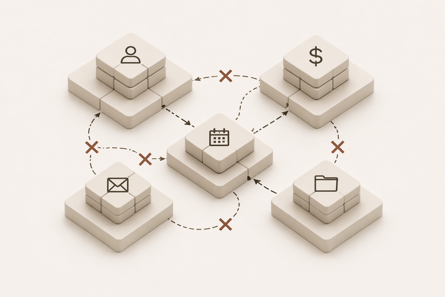 Four beige business icons linked in a circular workflow around a central calendar icon