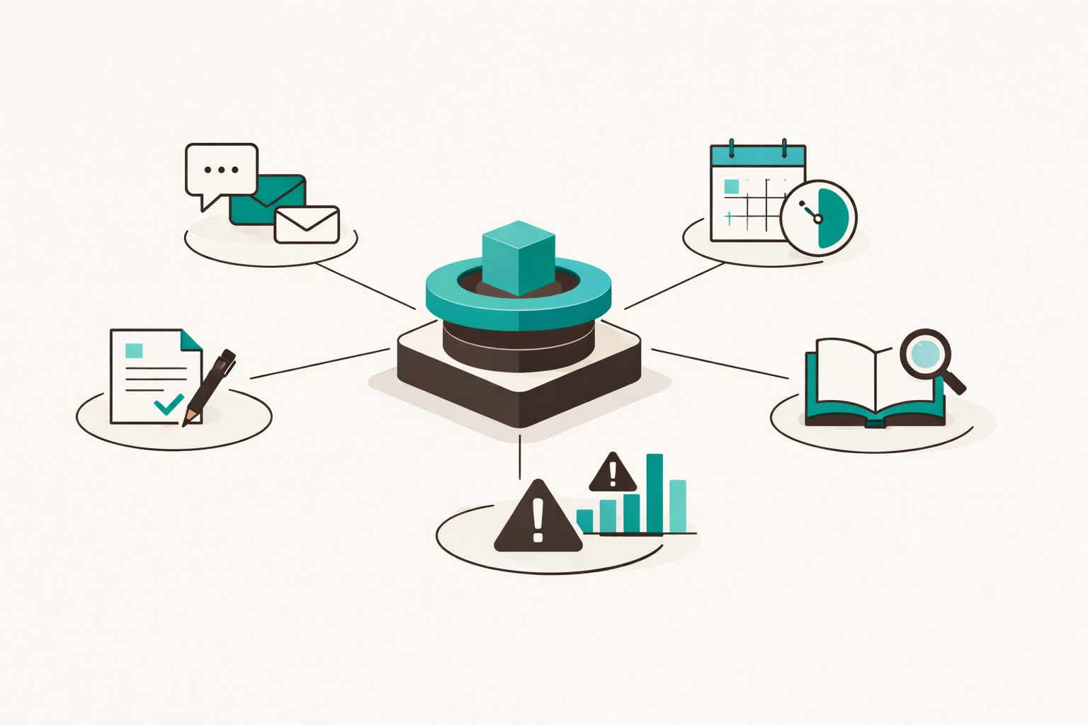 A central hub icon connected to five icons representing communication, scheduling, research, documentation, and reporting.