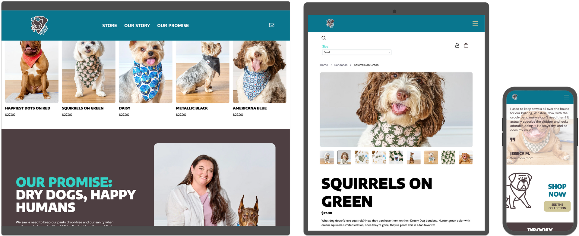 Website design showcasing a dog product, displayed on a desktop, tablet, and mobile device.