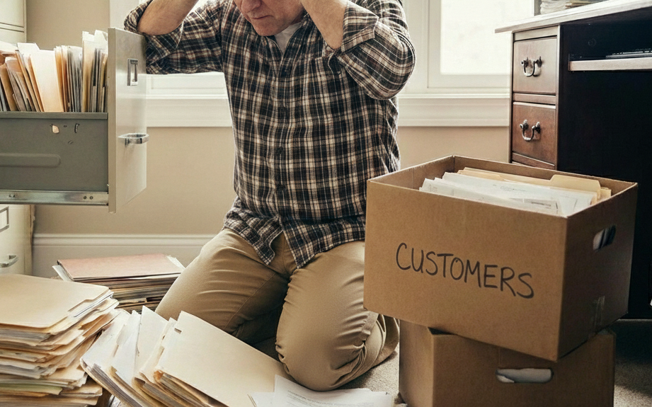 Man overwhelmed by paperwork, kneeling amid scattered files and boxes labeled