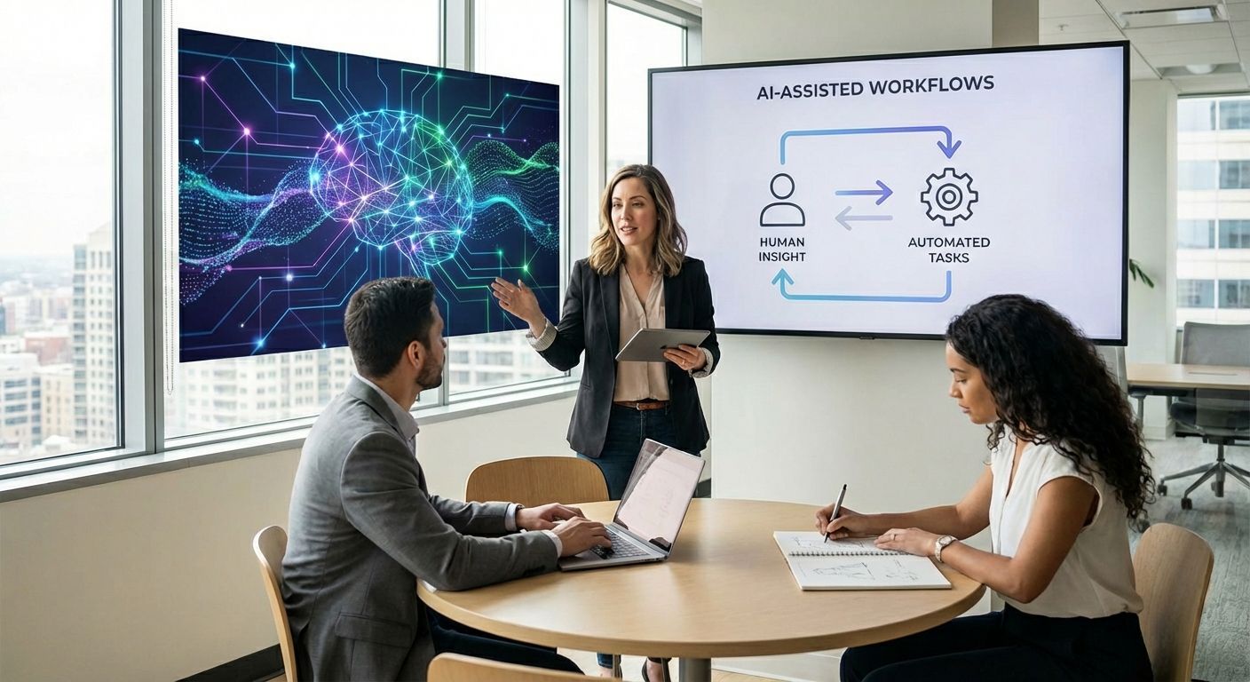 Business presentation with woman pointing at screen, two colleagues at a round table, cityscape visible.