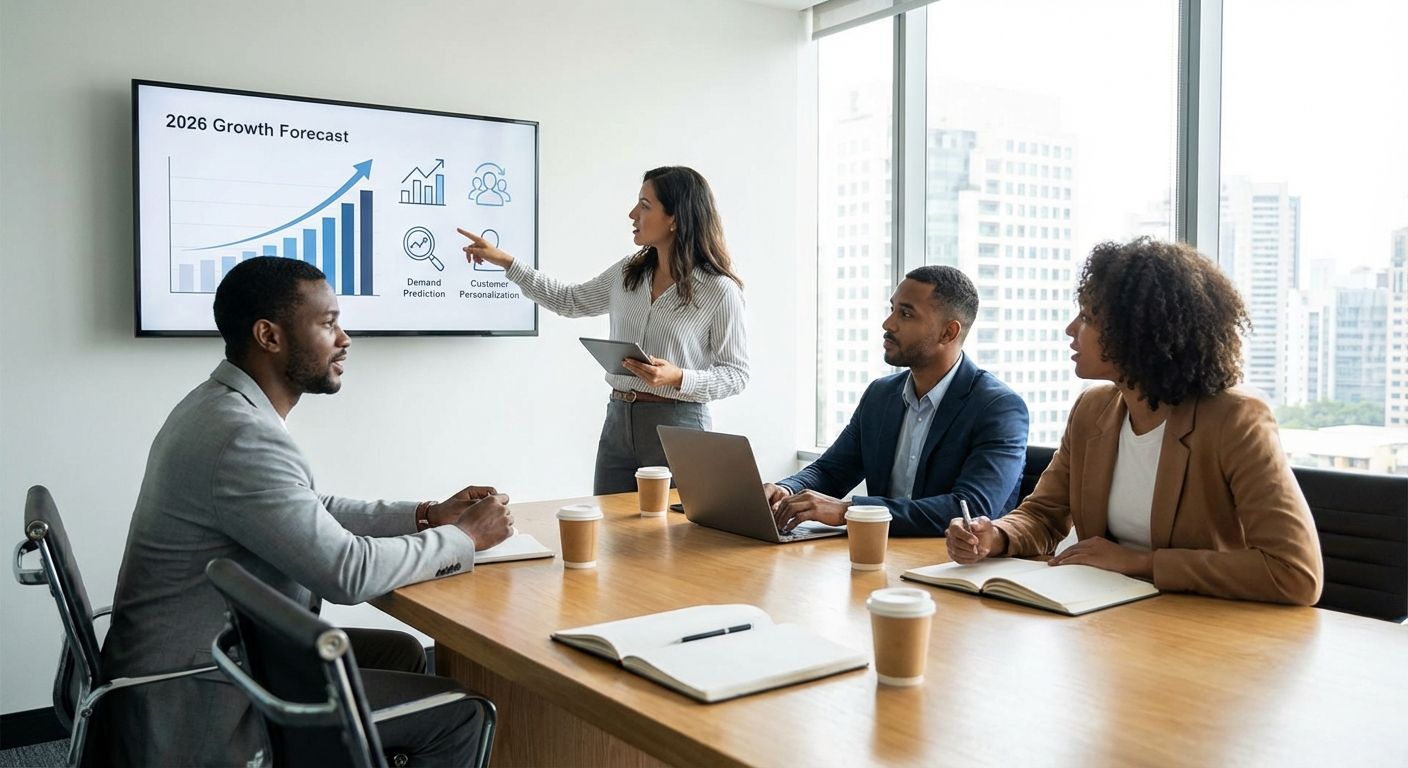 Businesswoman presenting data on screen to colleagues in a modern office meeting.