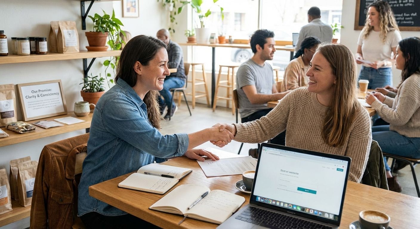 Two women shaking hands at a table in a cafe, smiling. Laptop and papers present. Other customers in the background.