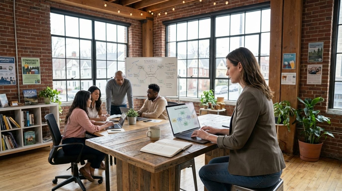 People in an office meeting around a wooden table, one person working on a laptop.