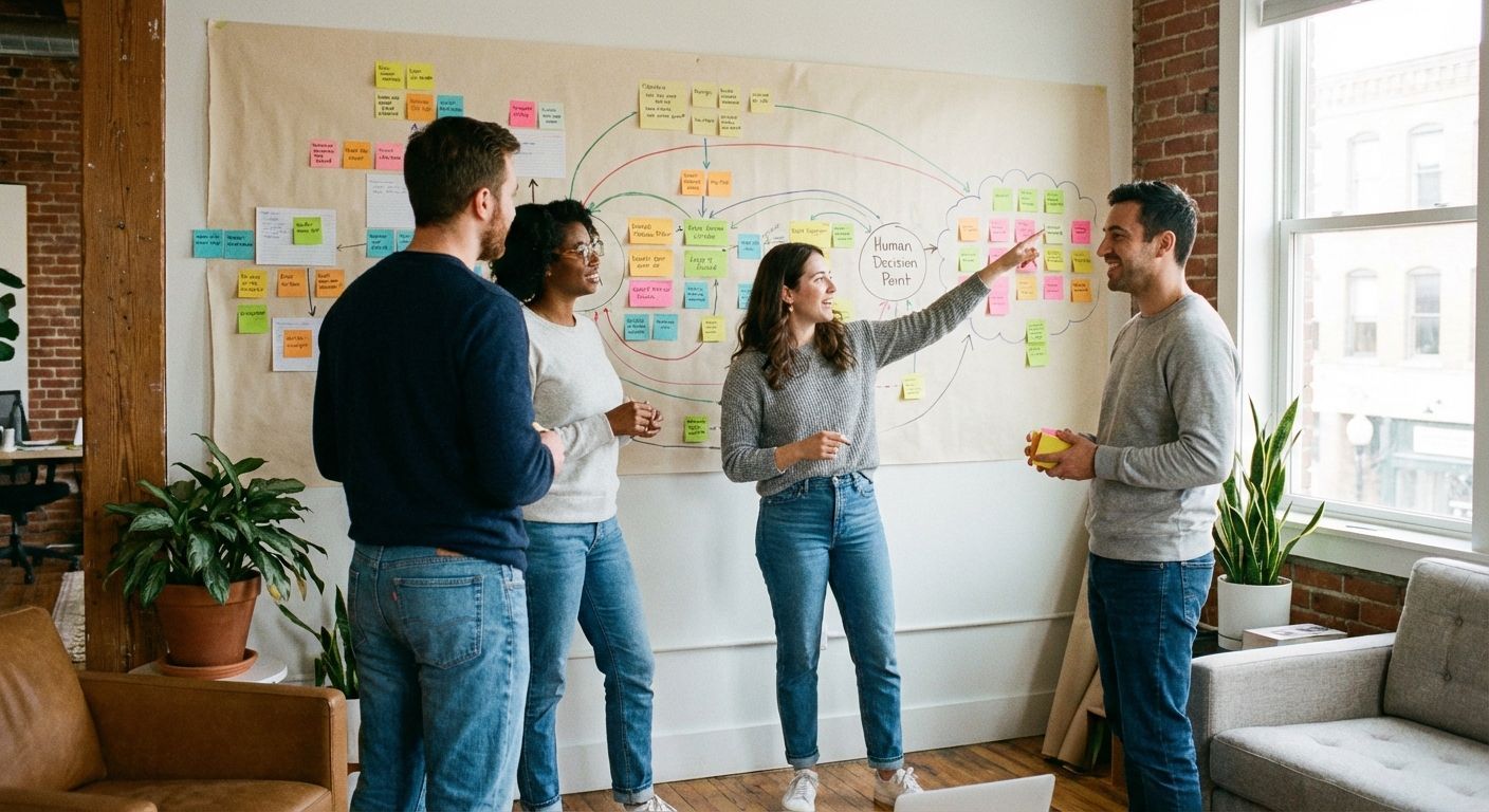 Group of people collaborating in a room, brainstorming on a large chart with sticky notes.