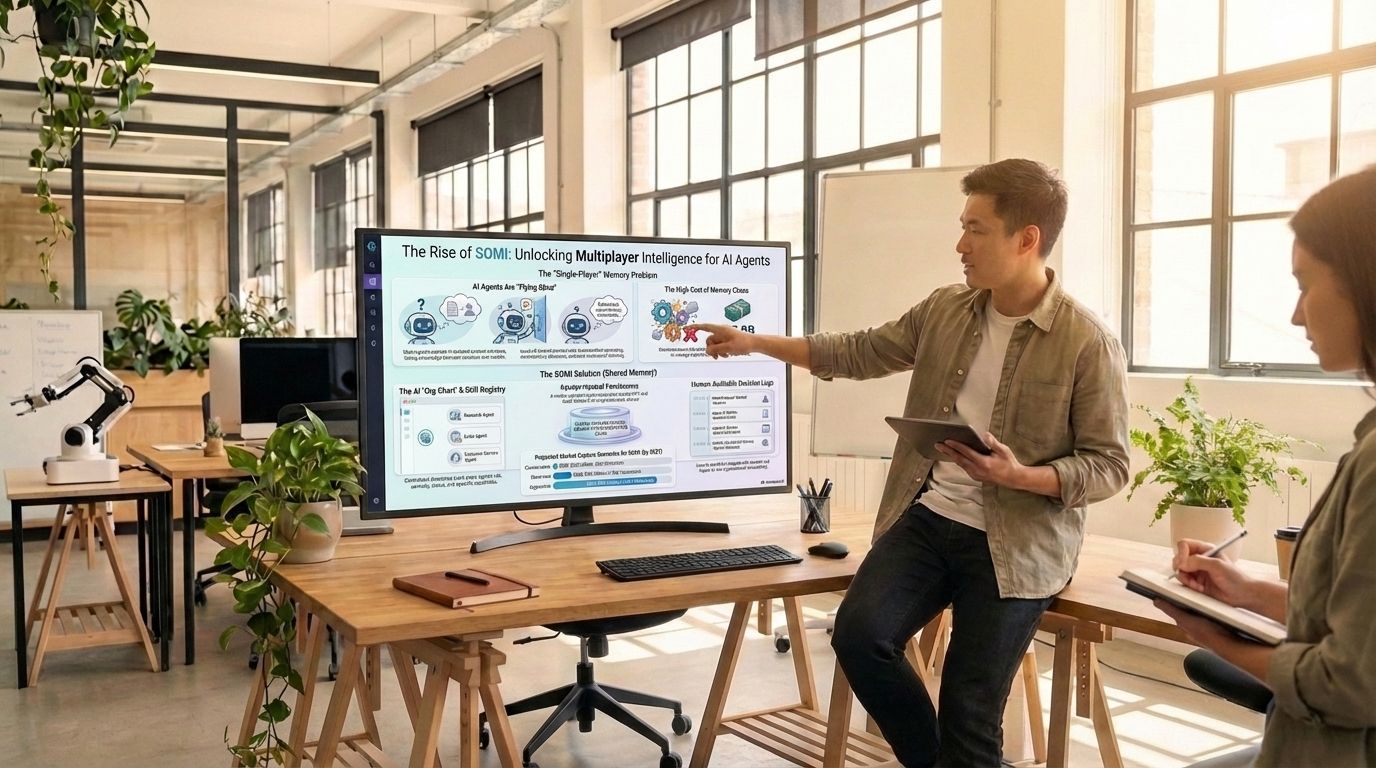 A person points to a technical diagram on a screen during a presentation in a sunlit, modern office.