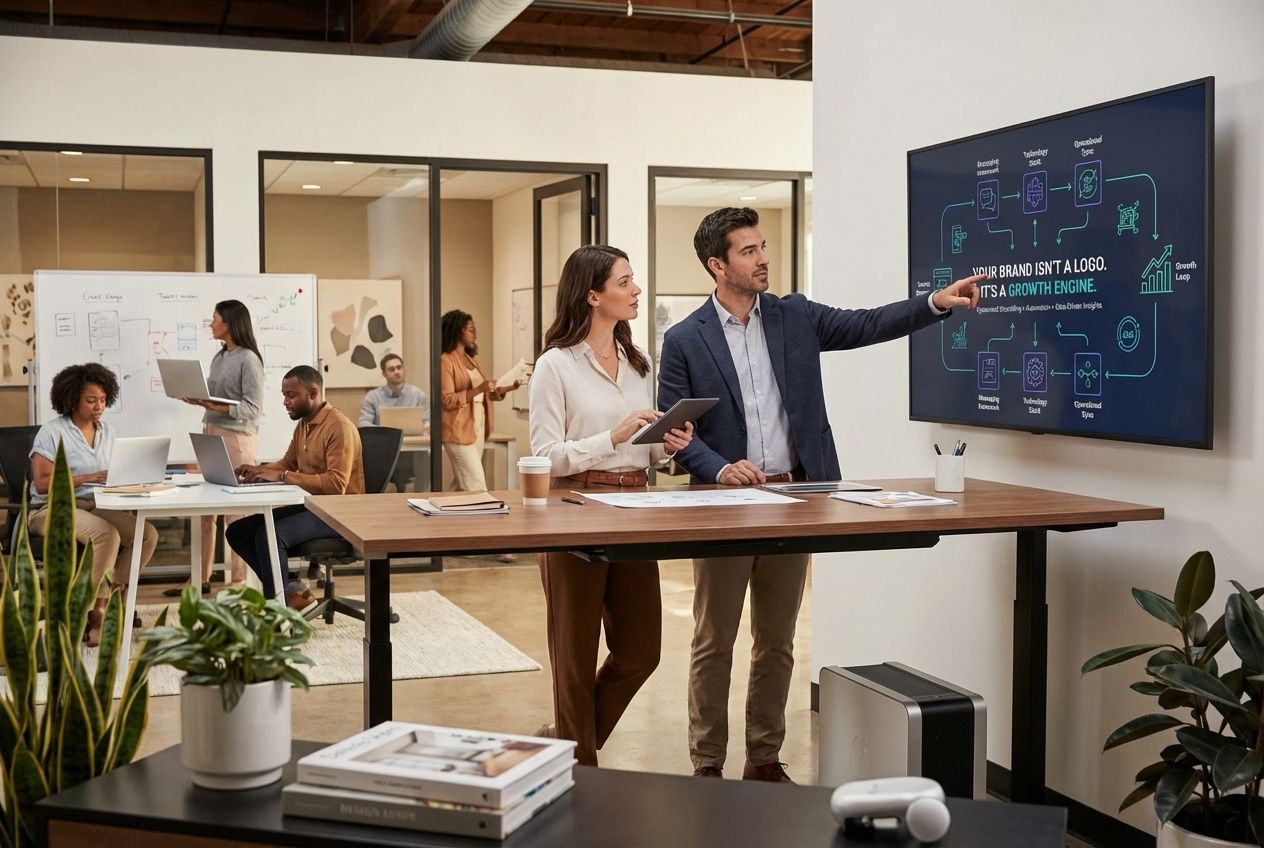 Two people looking at a screen in an office, others working on laptops.