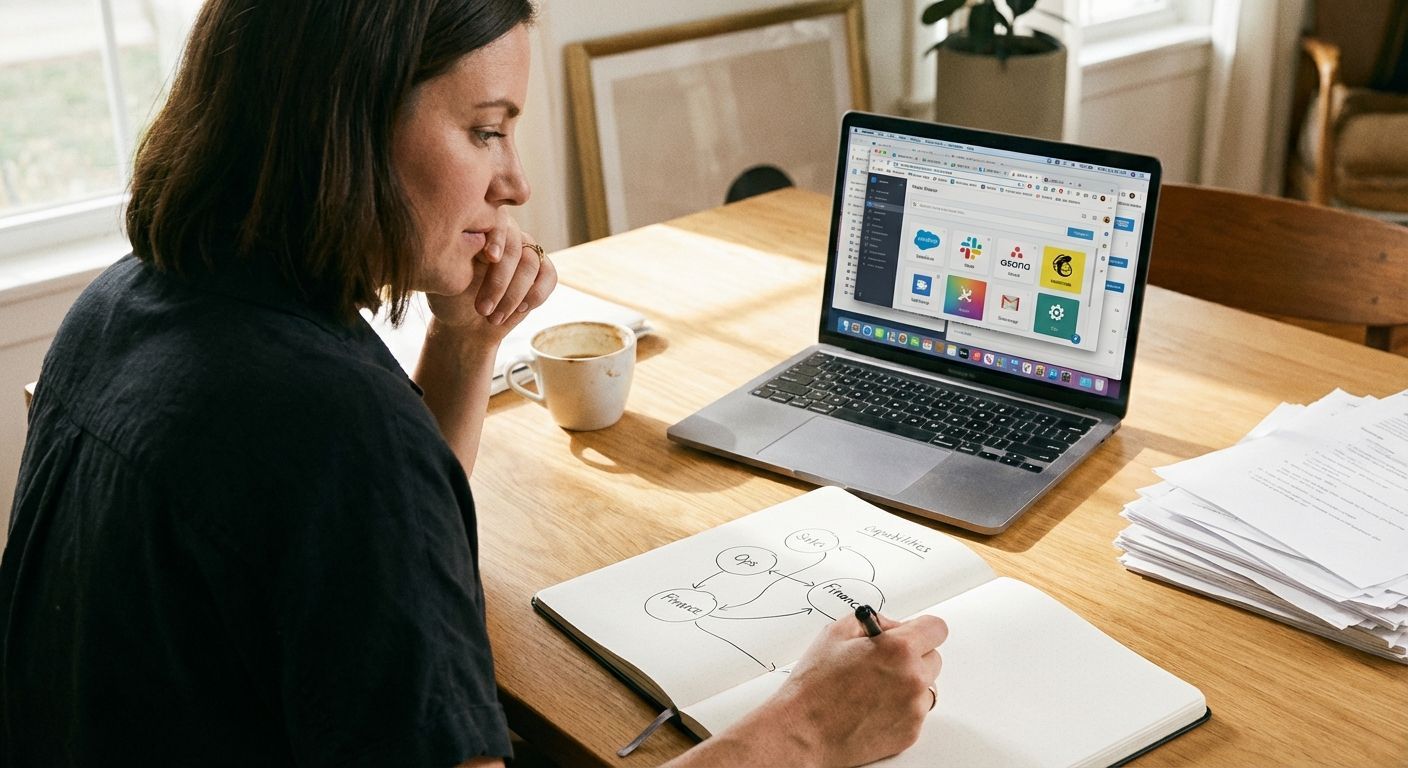 Woman at a desk, sketching in a notebook while looking at a laptop screen. Coffee cup, papers, and artwork present.