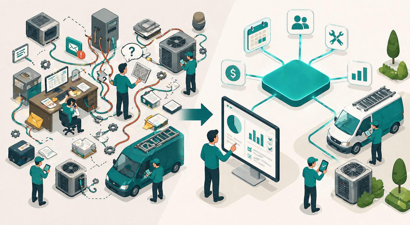 Split graphic: chaotic “franken-software” office vs streamlined “unified system” dashboard integration.