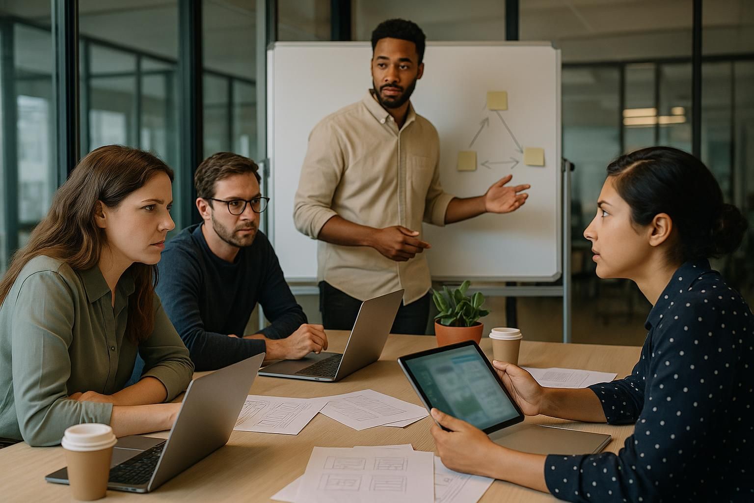 Four people in a meeting, one presenting at a whiteboard, others using laptops and a tablet.