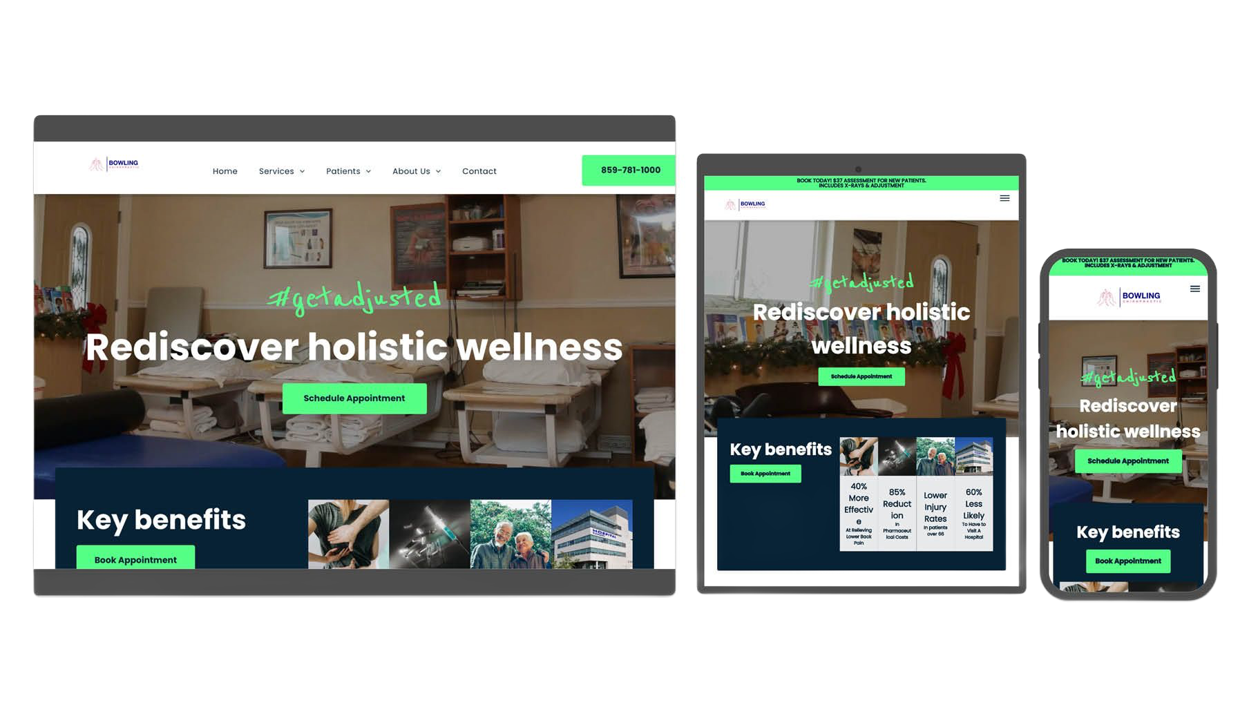 Website layouts on desktop, tablet, and mobile. Green and gray design with text