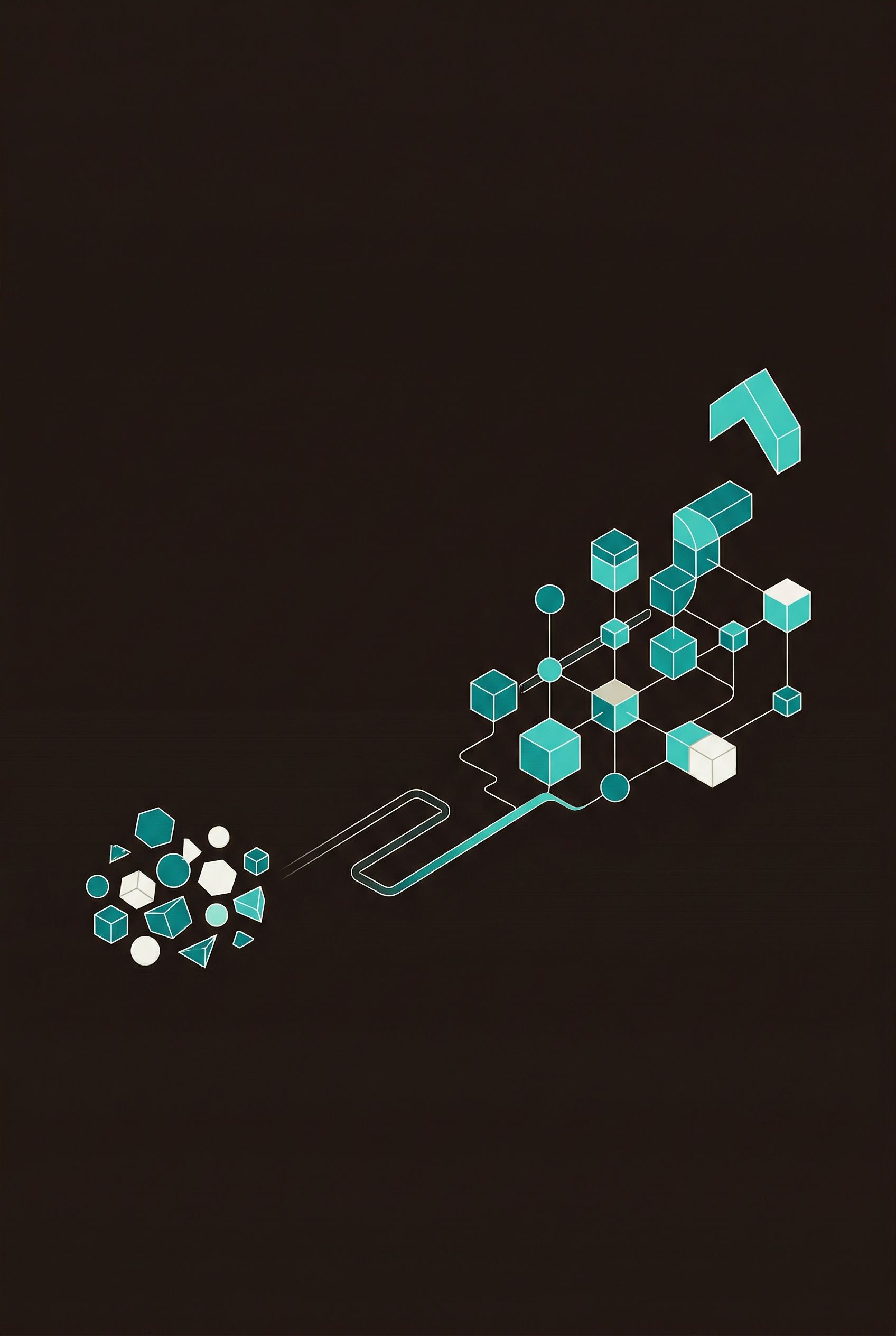 Isometric graphic with data icons flowing into a funnel that feeds into a complex, tiered circuit board structure.