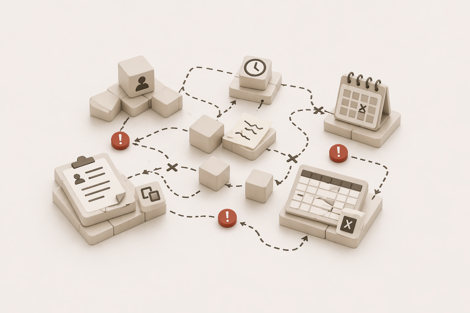 Beige 3D productivity icons connected by dotted lines, with calendar, clock, task, and document blocks.