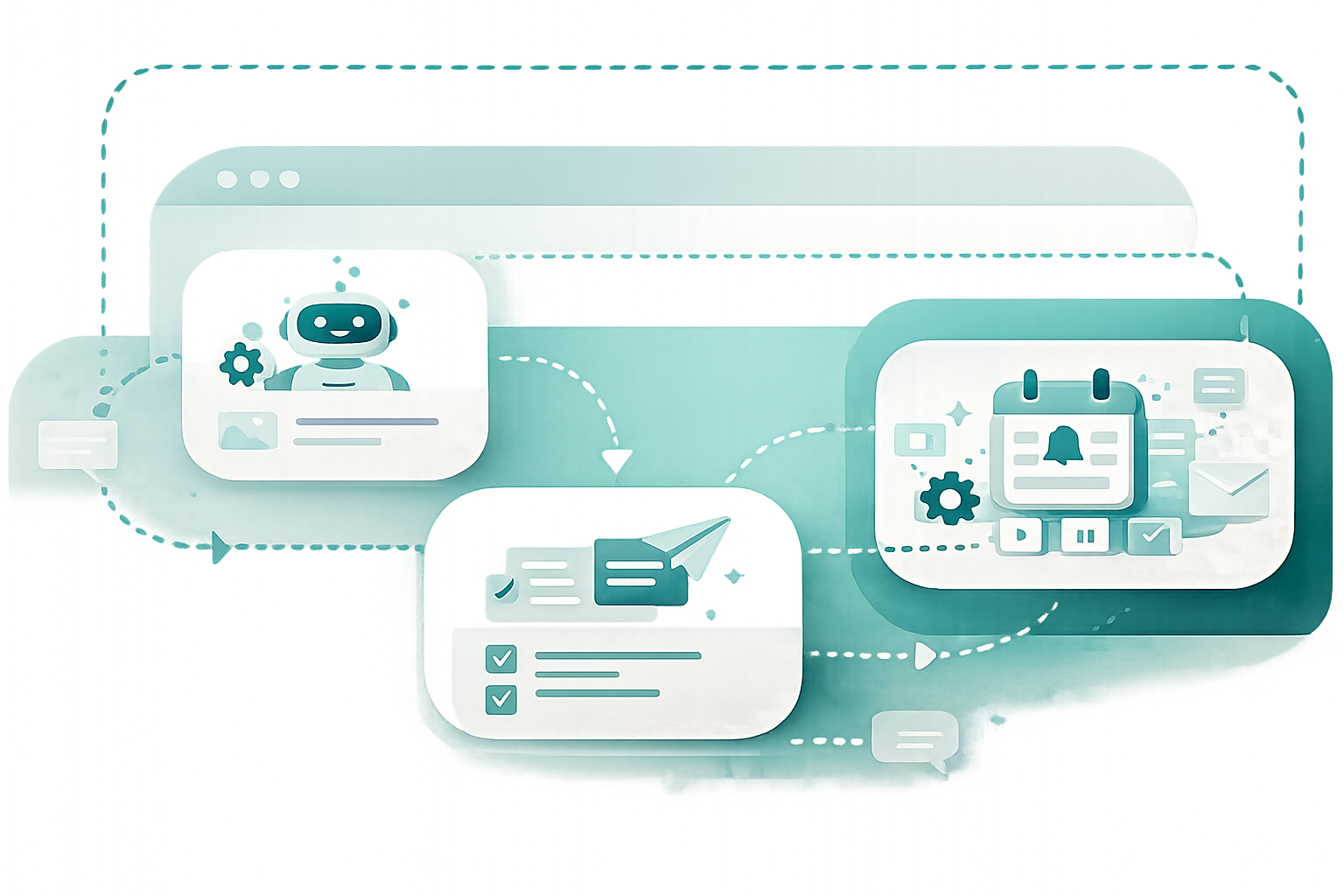 Teal and aqua dashboard mockup with three rounded cards inside a dashed border