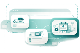 Teal and aqua dashboard mockup with three rounded cards inside a dashed border
